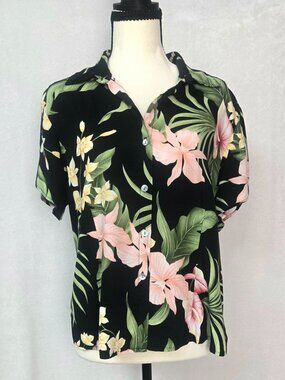 Kaua iana Button Up Womens Large Hawaiian Resort Wear Black Tropical Vintage